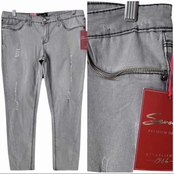 NWT SEVEN7 Distressed Zipper Embellished Grey Skinny Jeans Gray - Picture 1 of 16